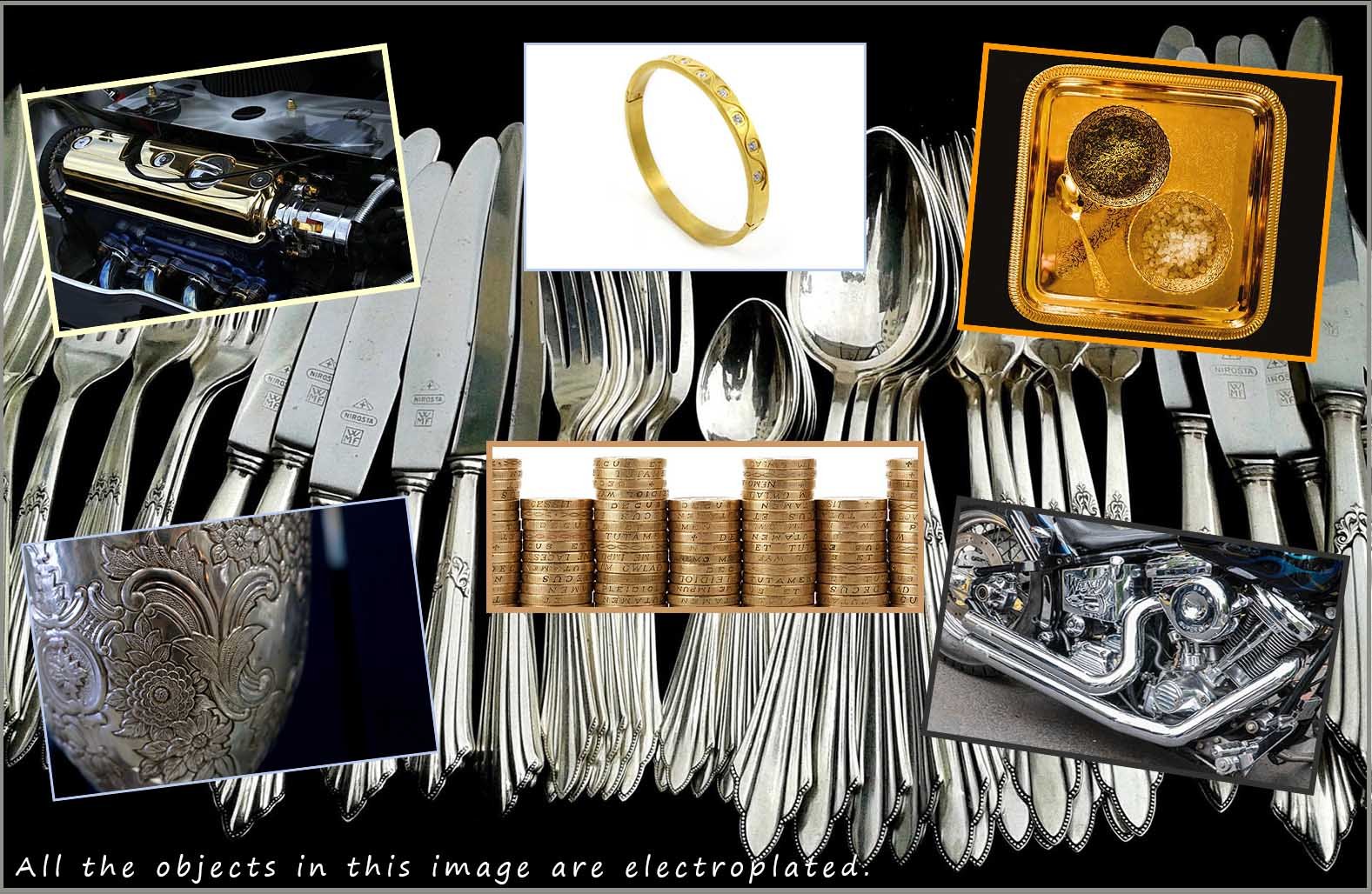 A montage of objects which are commonly electroplated. objects